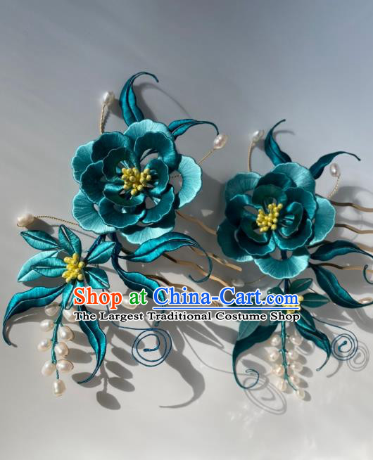 China Traditional Qing Dynasty Pearls Hairpin Ancient Empress Green Silk Rose Hair Comb