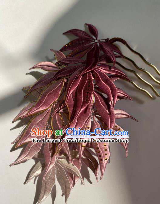 China Ancient Imperial Consort Hair Comb Traditional Qing Dynasty Lilac Maple Leaf Hairpin