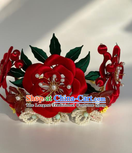 China Traditional Song Dynasty Court Pearls Hairpin Ancient Imperial Consort Red Rose Hair Crown