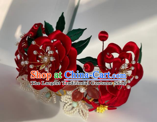 China Traditional Song Dynasty Court Pearls Hairpin Ancient Imperial Consort Red Rose Hair Crown