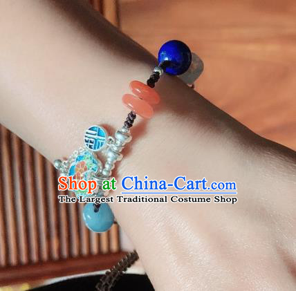 Handmade Chinese National Blueing Bracelet Ethnic Silver Bangle Lapis Wristlet Accessories
