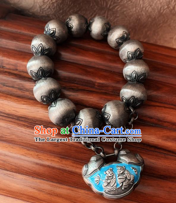 Handmade Chinese Ethnic Silver Carving Bangle Wristlet Accessories National Blueing Lock Bracelet