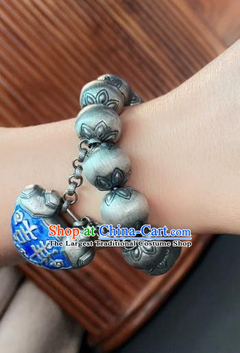 Handmade Chinese Ethnic Silver Carving Bangle Wristlet Accessories National Blueing Lock Bracelet