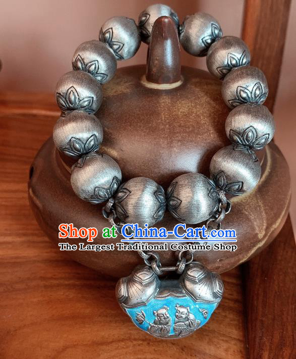 Handmade Chinese Ethnic Silver Carving Bangle Wristlet Accessories National Blueing Lock Bracelet
