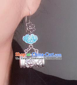 China Traditional Cheongsam Blueing Ear Accessories National Silver Carving Lotus Earrings