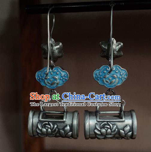 China Traditional Cheongsam Blueing Ear Accessories National Silver Carving Lotus Earrings