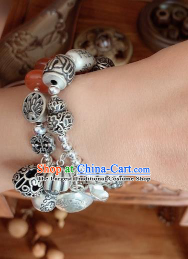 Handmade Chinese National Bracelet Ethnic Silver Carving Fish Bangle Wristlet Accessories
