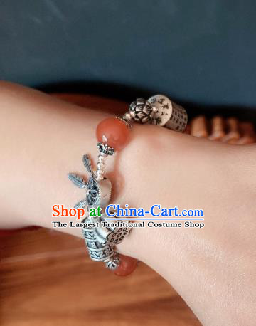 Handmade Chinese Ethnic Silver Carving Bangle Agate Beads Wristlet Accessories National Bracelet
