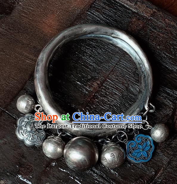 Handmade Chinese Ethnic Silver Bangle Wristlet Accessories National Blueing Lotus Bracelet