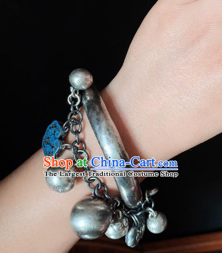 Handmade Chinese Ethnic Silver Bangle Wristlet Accessories National Blueing Lotus Bracelet