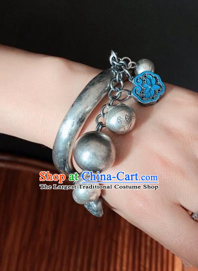 Handmade Chinese Ethnic Silver Bangle Wristlet Accessories National Blueing Lotus Bracelet