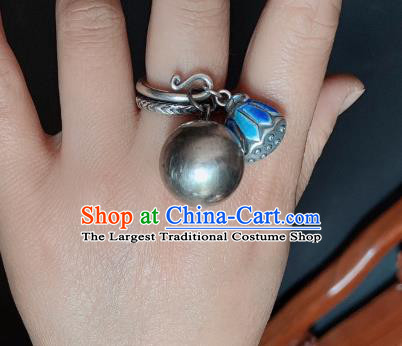 Chinese Handmade Ethnic Silver Ring National Blueing Lotus Seedpod Circlet Jewelry