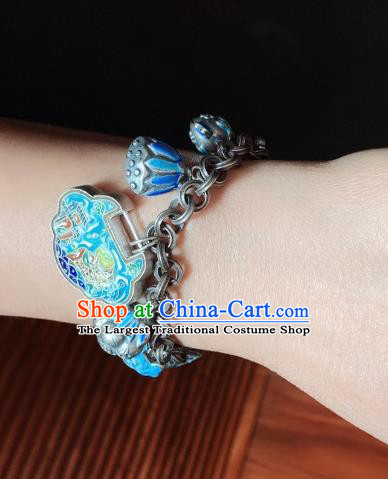Handmade Chinese Ethnic Silver Carving Lotus Seedpod Bangle Wristlet Accessories National Blueing Phoenix Peony Bracelet
