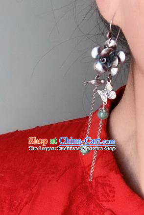 China National Long Tassel Earrings Traditional Cheongsam Silver Carving Flower Ear Accessories