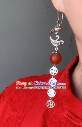 China National Agate Lantern Earrings Traditional Cheongsam Silver Carving Fish Ear Accessories