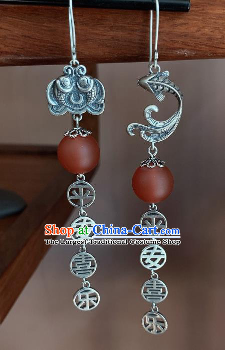China National Agate Lantern Earrings Traditional Cheongsam Silver Carving Fish Ear Accessories