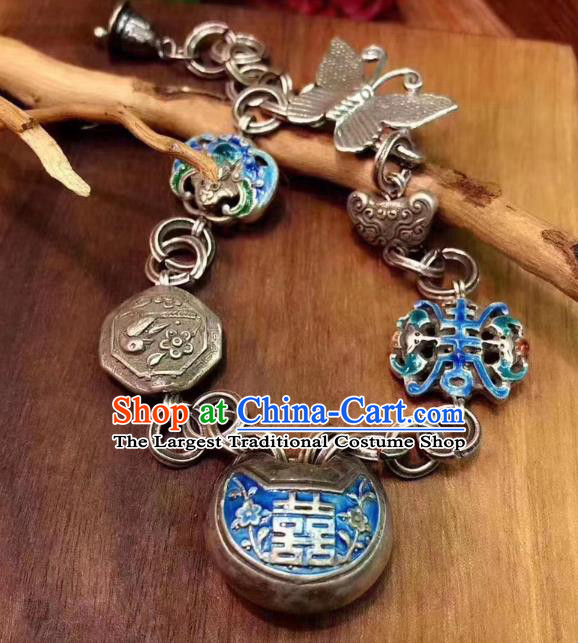 Handmade Chinese Ethnic Silver Carving Bat Bangle Wedding Wristlet Accessories National Blueing Bracelet