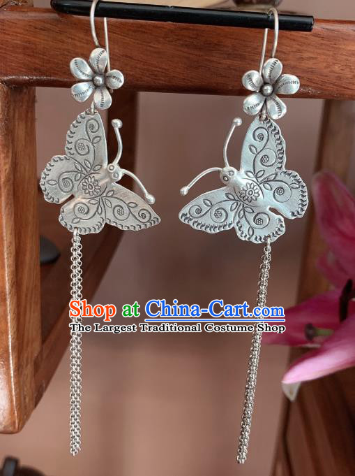 China Traditional Cheongsam Long Tassel Ear Accessories National Silver Carving Butterfly Earrings