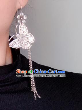 China Traditional Cheongsam Long Tassel Ear Accessories National Silver Carving Butterfly Earrings