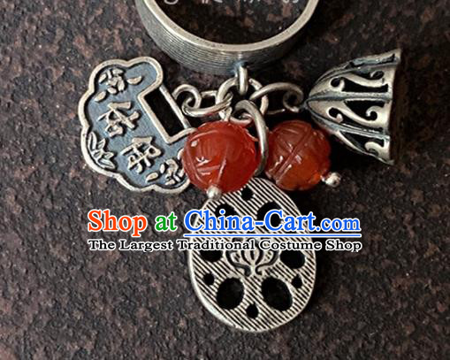 Chinese Handmade Ethnic Agate Lotus Ring National Silver Carving Circlet Jewelry