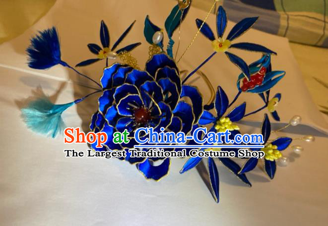 China Traditional Qing Dynasty Royalblue Silk Peony Hairpin Ancient Imperial Consort Pearls Hair Stick