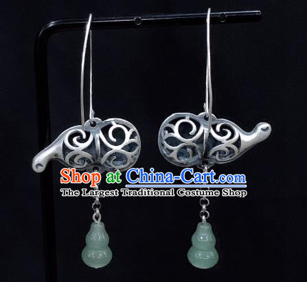 China National Jade Gourd Earrings Traditional Cheongsam Silver Carving Ear Accessories