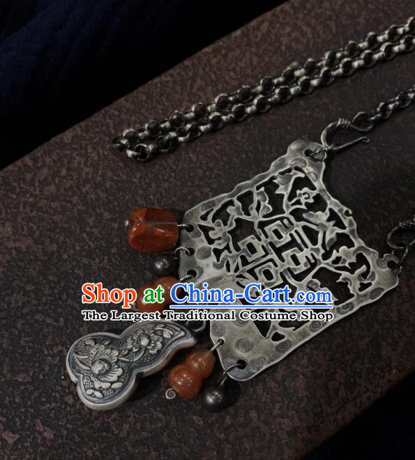 Handmade Chinese Agate Gourd Necklace Accessories National Wedding Silver Carving Necklet