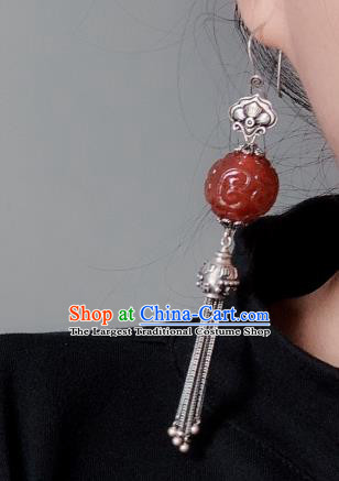 China Traditional Cheongsam Agate Carving Ear Accessories National Silver Tassel Earrings