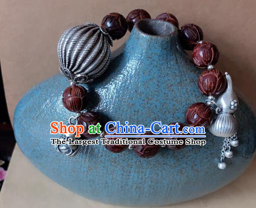 Handmade Chinese Silver Gourd Wristlet Accessories Ethnic Bangle National Rosewood Carving Lotus Bracelet