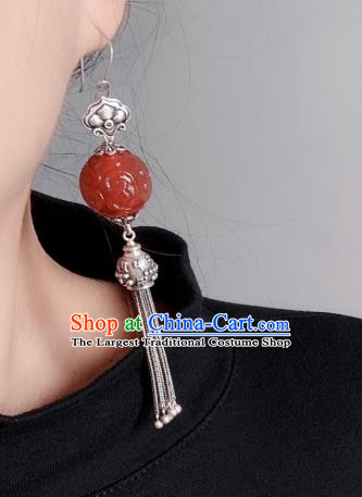 China Traditional Cheongsam Agate Carving Ear Accessories National Silver Tassel Earrings