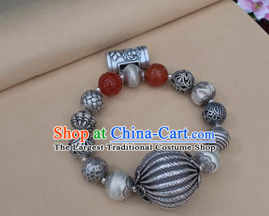 Handmade Chinese Agate Carving Wristlet Accessories Ethnic Bangle National Silver Lock Bracelet