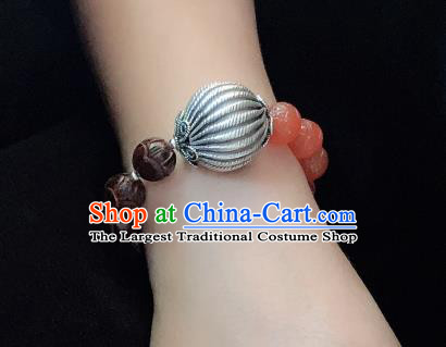 Handmade Chinese Agate Beads Wristlet Accessories Ethnic Silver Bangle National Rosewood Bracelet