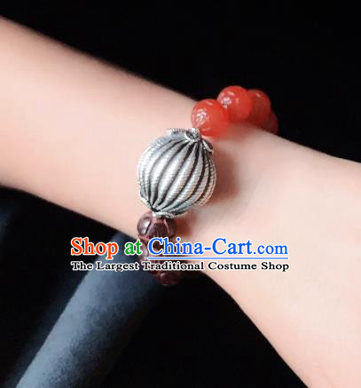 Handmade Chinese Agate Beads Wristlet Accessories Ethnic Silver Bangle National Rosewood Bracelet