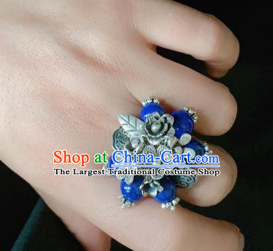 Chinese Handmade Ethnic Lapis Beads Ring National Wedding Silver Plum Circlet Jewelry
