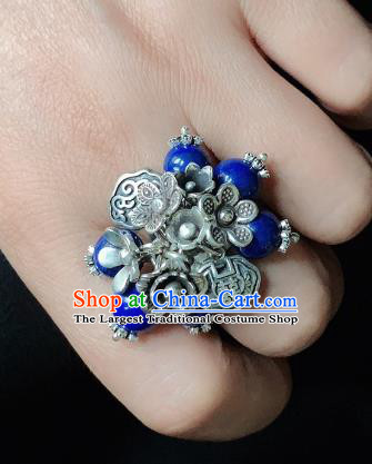 Chinese Handmade Ethnic Lapis Beads Ring National Wedding Silver Plum Circlet Jewelry