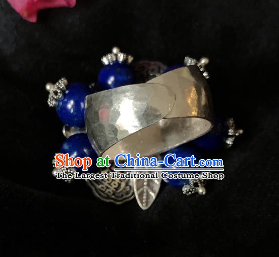 Chinese Handmade Ethnic Lapis Beads Ring National Wedding Silver Plum Circlet Jewelry