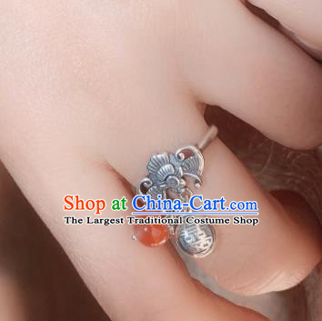 Chinese Handmade Ethnic Agate Ring National Wedding Silver Carving Bat Circlet Jewelry