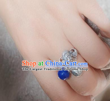 Chinese National Wedding Silver Carving Bat Circlet Jewelry Handmade Ethnic Lapis Ring