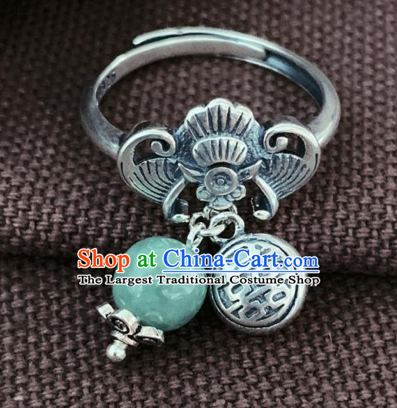 Chinese National Silver Carving Bat Circlet Jewelry Handmade Ethnic Jadeite Ring