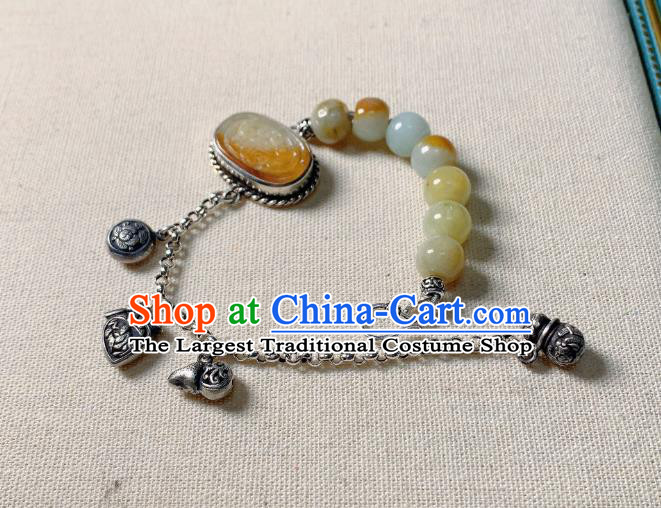 Handmade Chinese Jade Carving Bangle National Bracelet Silver Wristlet Accessories