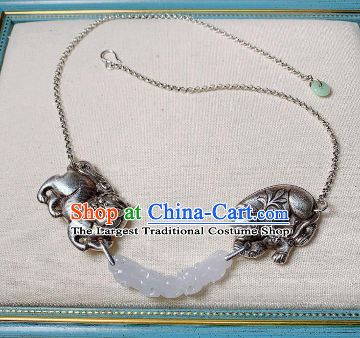 Handmade Chinese Silver Necklet Accessories National White Jade Necklace
