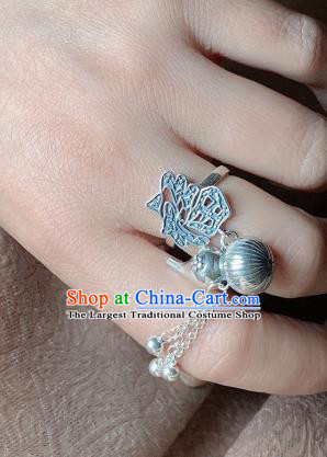 Chinese Handmade Ethnic Bells Tassel Ring National Silver Carving Gourd Circlet Jewelry