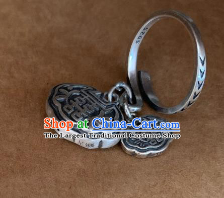 Chinese Handmade Ethnic Silver Carving Lock Ring National Wedding Circlet Jewelry