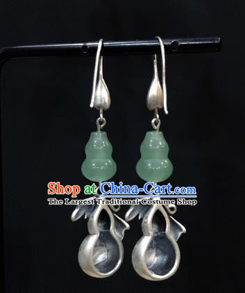 China Traditional Cheongsam Jade Gourd Ear Accessories National Silver Carving Earrings