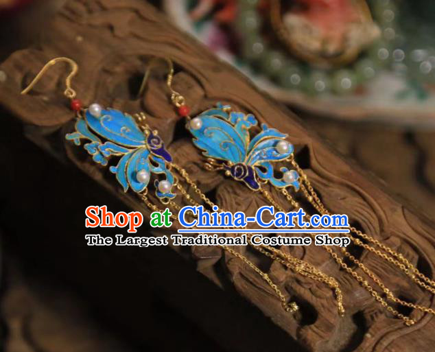 Chinese Handmade Traditional Golden Tassel Earrings Jewelry Ancient Qing Dynasty Court Cloisonne Butterfly Ear Accessories