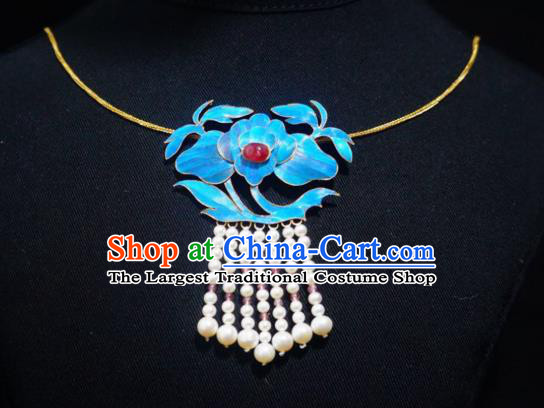 China Traditional Pearls Tassel Necklace Jewelry Accessories Qing Dynasty Cloisonne Lotus Necklet Pendant