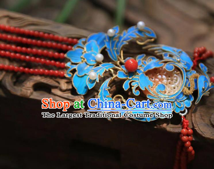 China Traditional Red Beads Tassel Necklace Jewelry Accessories Qing Dynasty Necklet Jade Pendant