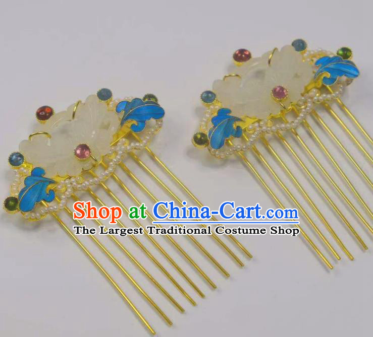 Chinese Ancient Empress Jade Hair Comb Traditional Hair Jewelry Qing Dynasty Gems Hairpin
