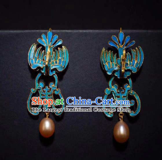 Chinese Ancient Qing Dynasty Court Ear Accessories Traditional Blueing Phoenix Earrings Jewelry
