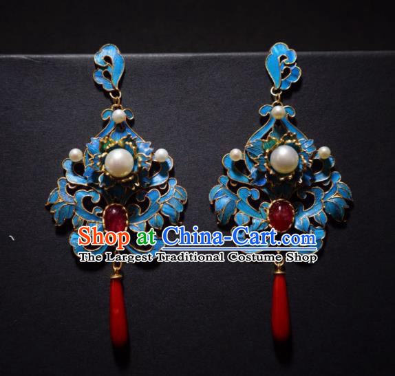 Chinese Traditional Pearls Earrings Jewelry Ancient Qing Dynasty Agate Ear Accessories